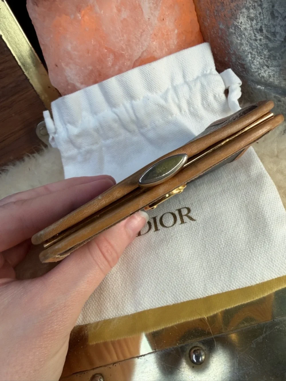 Dior Tan Leather-Trimmed Honeycomb Pattern Coin Purse